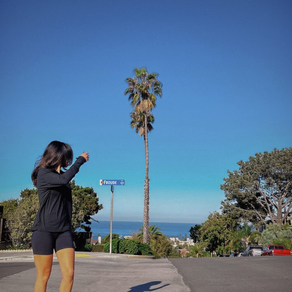 image of woman / me (tatiana) crossing the streets in san diego