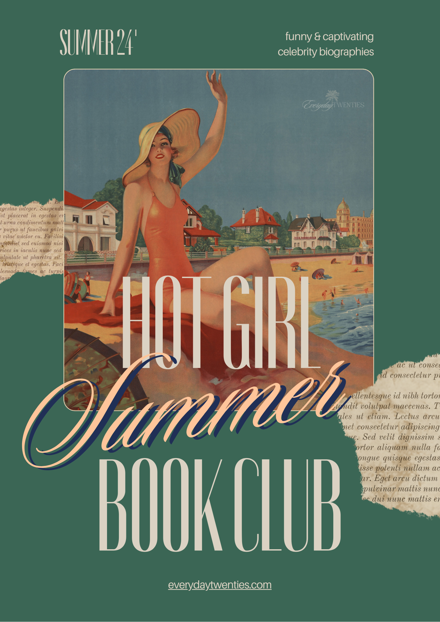 graphic image of vintage woman on vacation for for hot girl summer book club blog post