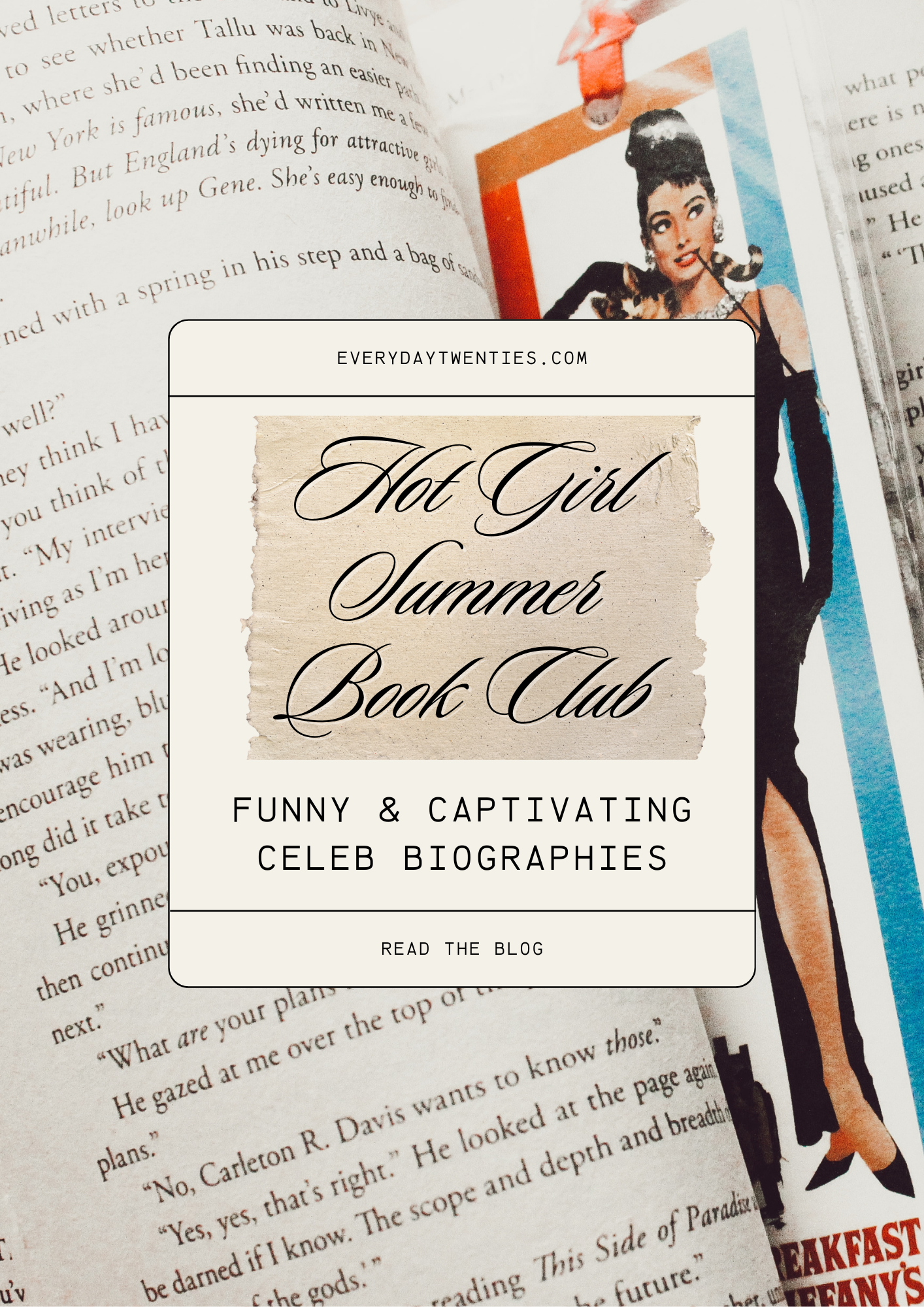graphic image of book with audrey hepburn bookmark for hot girl summer book club blog post