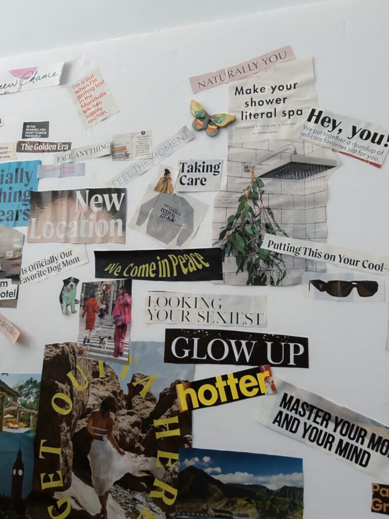 a white poster board with many different vision board ideas